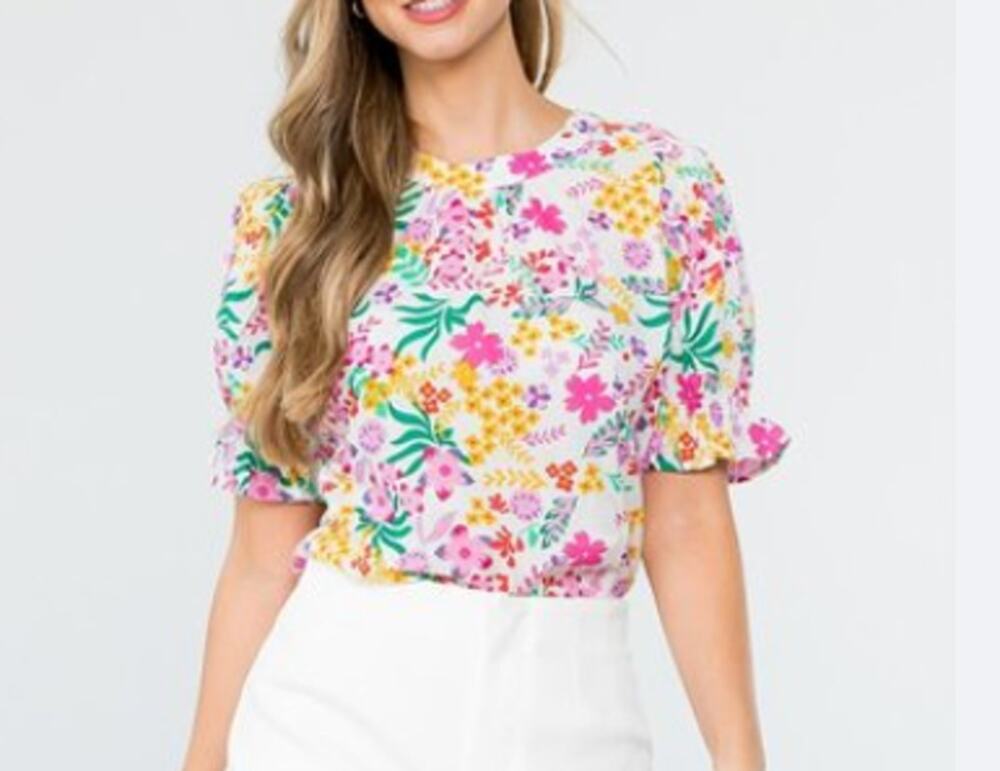 THML Womenโs Floral Print Puff Sleeve Top Pink Multicolor Short Sleeve Medium
